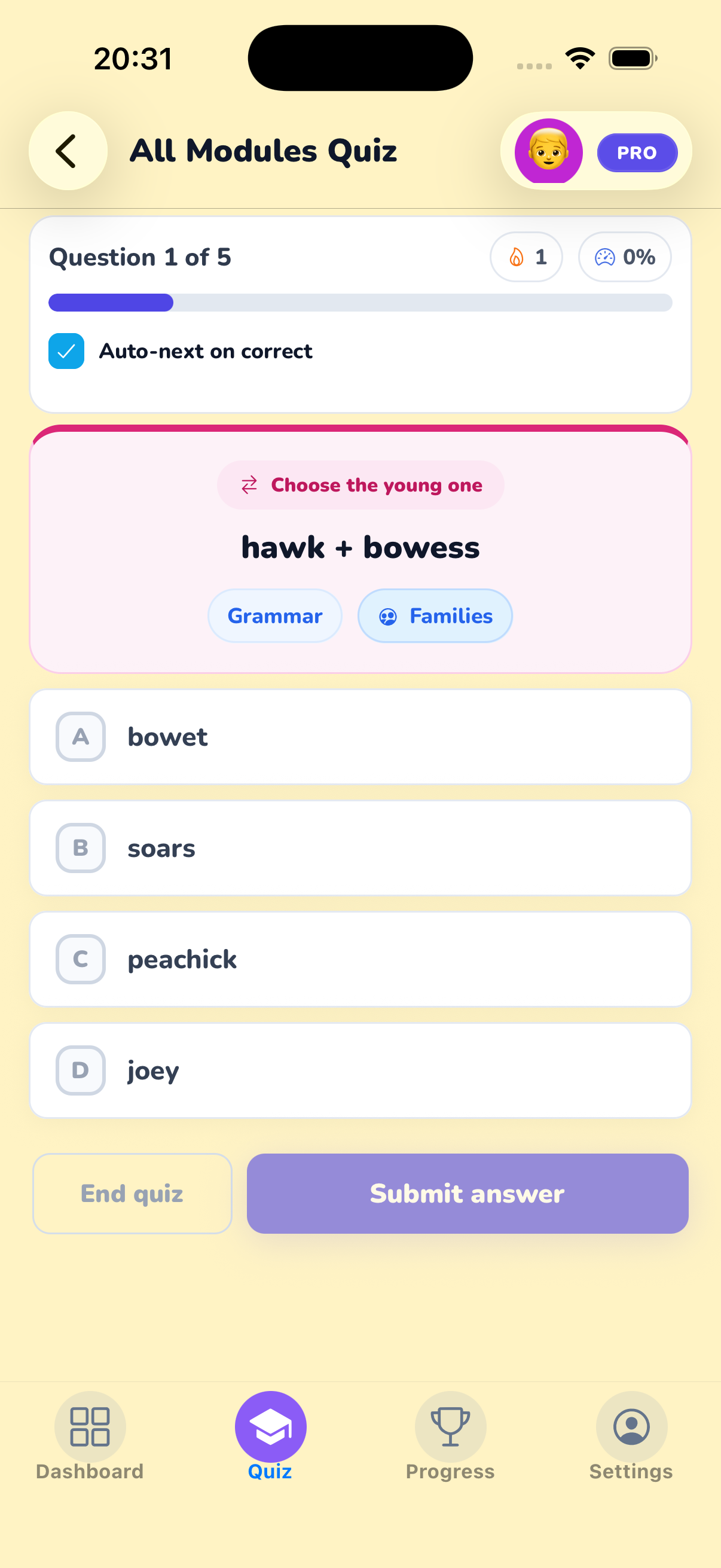 English Skills quiz screen